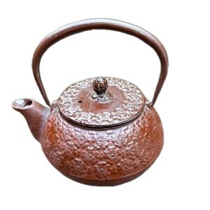 Vintage Japan Nanbu Style Tetsubin Sakura Cast Iron Floral Teapot Infuser Brown